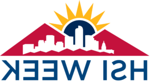 Logo celebrating HSI Week. There is a blue sun, yellow sun rays, a city in white in front of mountains in red .