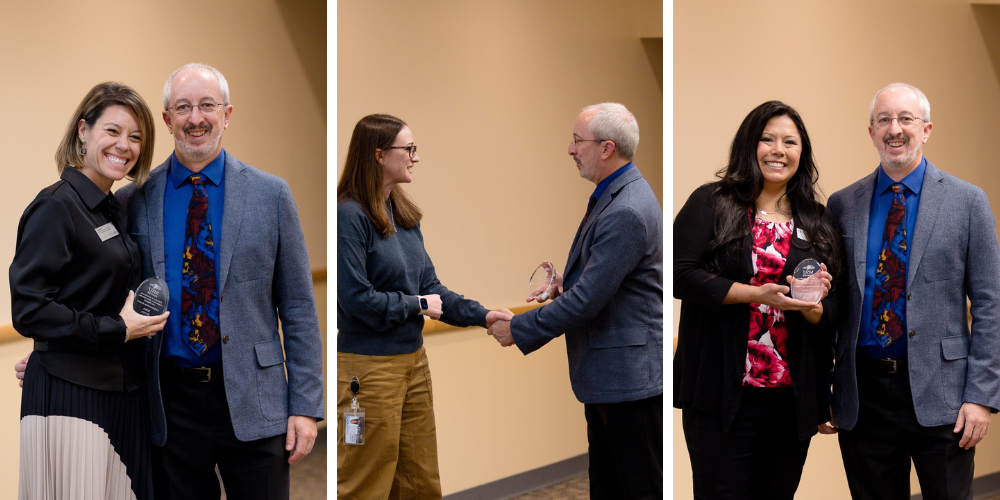 CACED Program Managers with Dean Newcomer FA '23 (from left): Corrie Velasquez, Talya Atkinson, Kiha Sutta