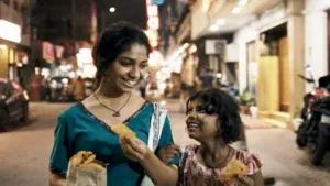 A smiling young woman and a young girl share a treat on a night time street.